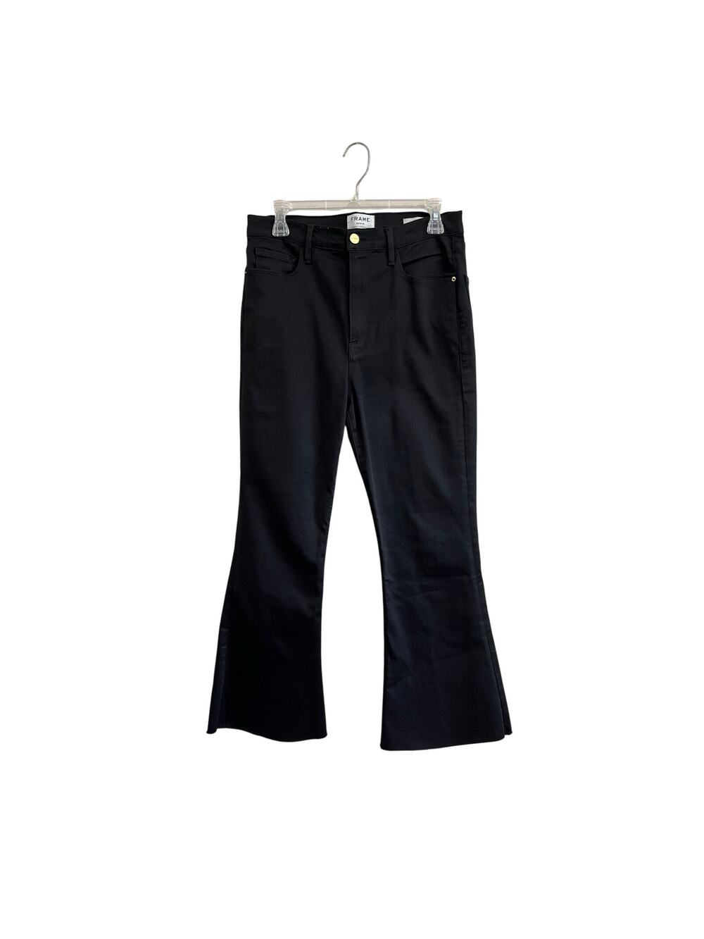 FRAME Le‎ Crop Flare Jeans Black Raw Hem Cropped High Rise Denim Size 30